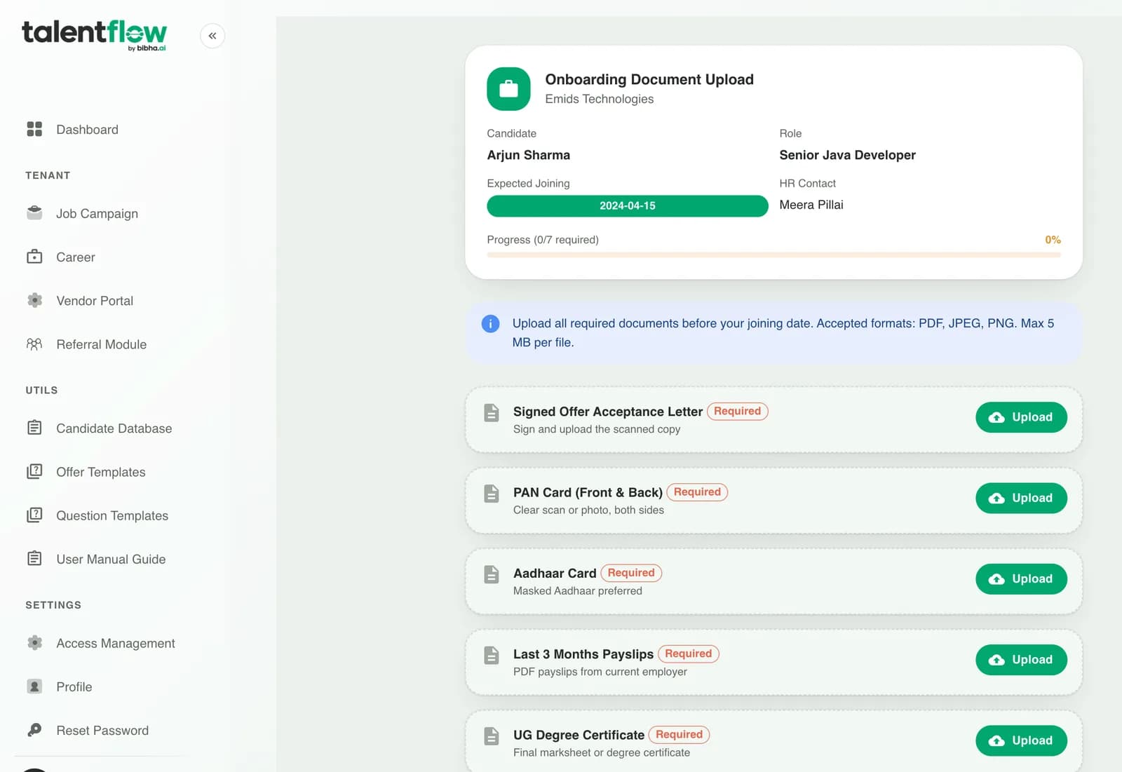 TalentFlow onboarding checklist: required document rows for signed offer acceptance, PAN card, Aadhaar card, and payslips, each with an upload action