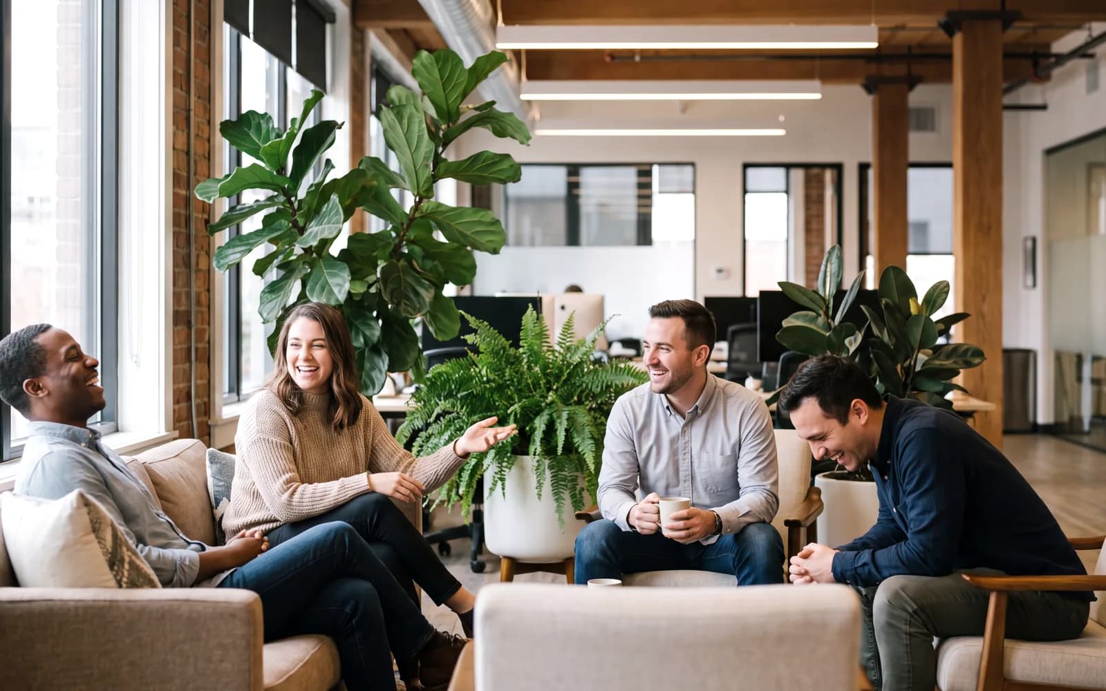TalentFlow team members laughing together in an office lounge