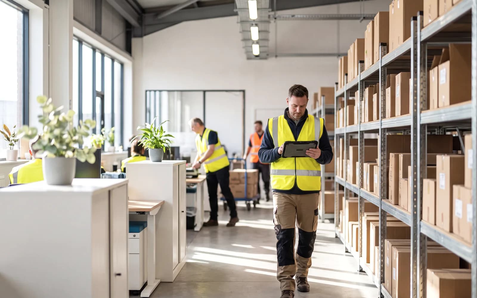 A warehouse team lead in a hi-vis vest walking an aisle of stacked inventory checking a tablet