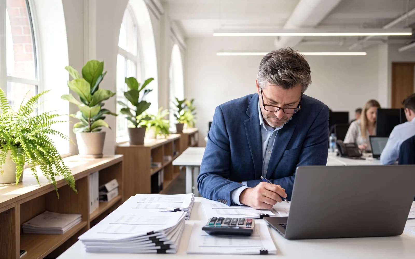 Finance professional reviewing reports with a calculator
