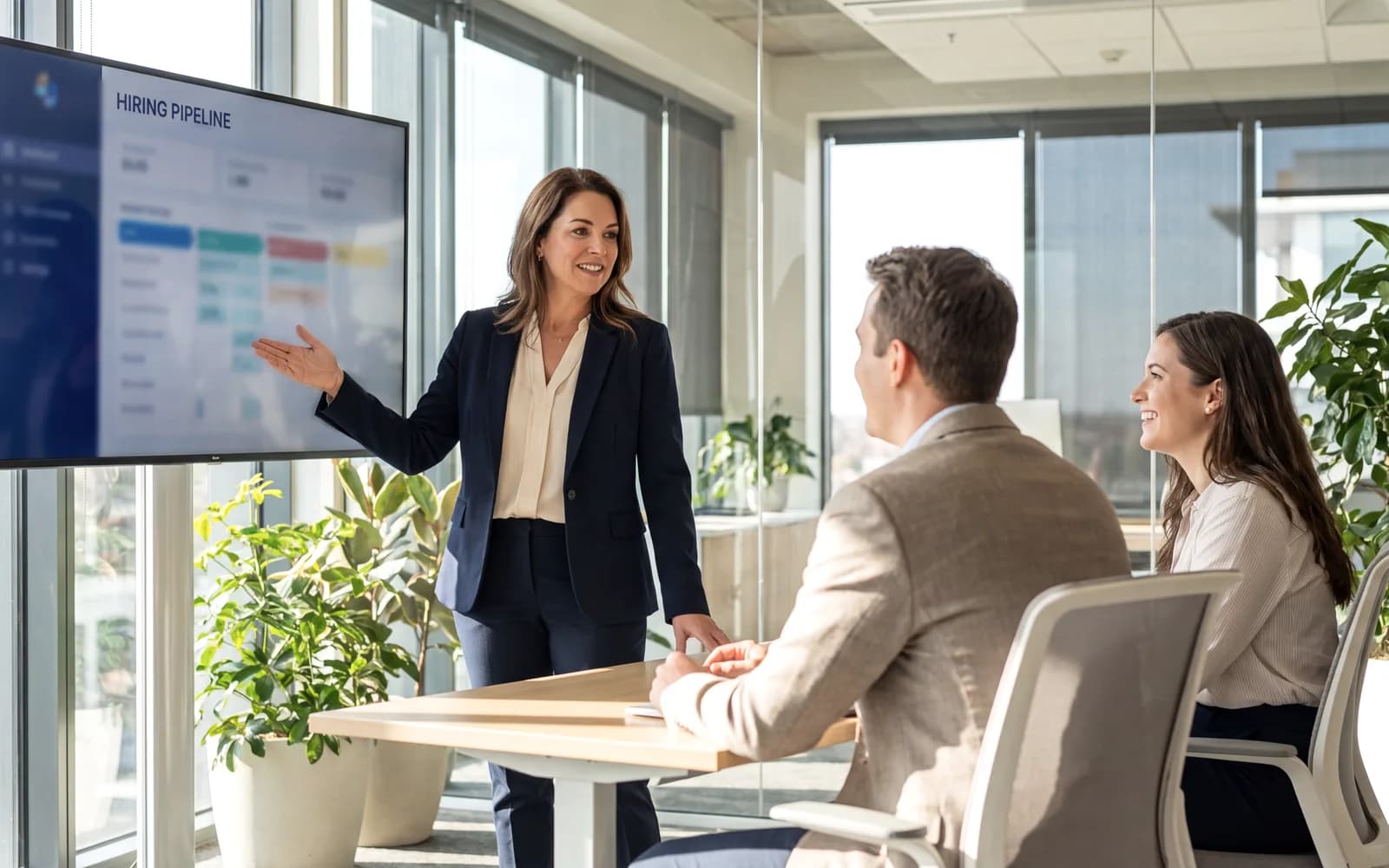 A head of talent acquisition presenting a hiring dashboard on a large wall screen to two colleagues in a bright modern meeting room